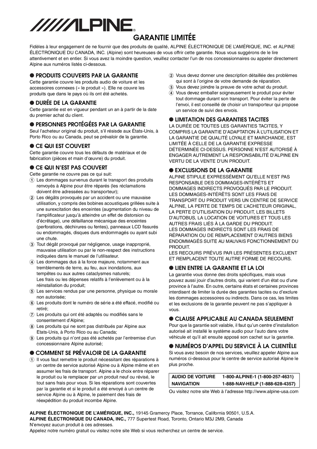 Alpine IDA-X305 owner manual Garantie Limitée 