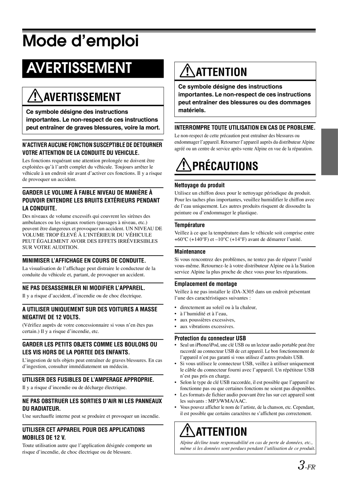 Alpine IDA-X305 owner manual Mode d’emploi 