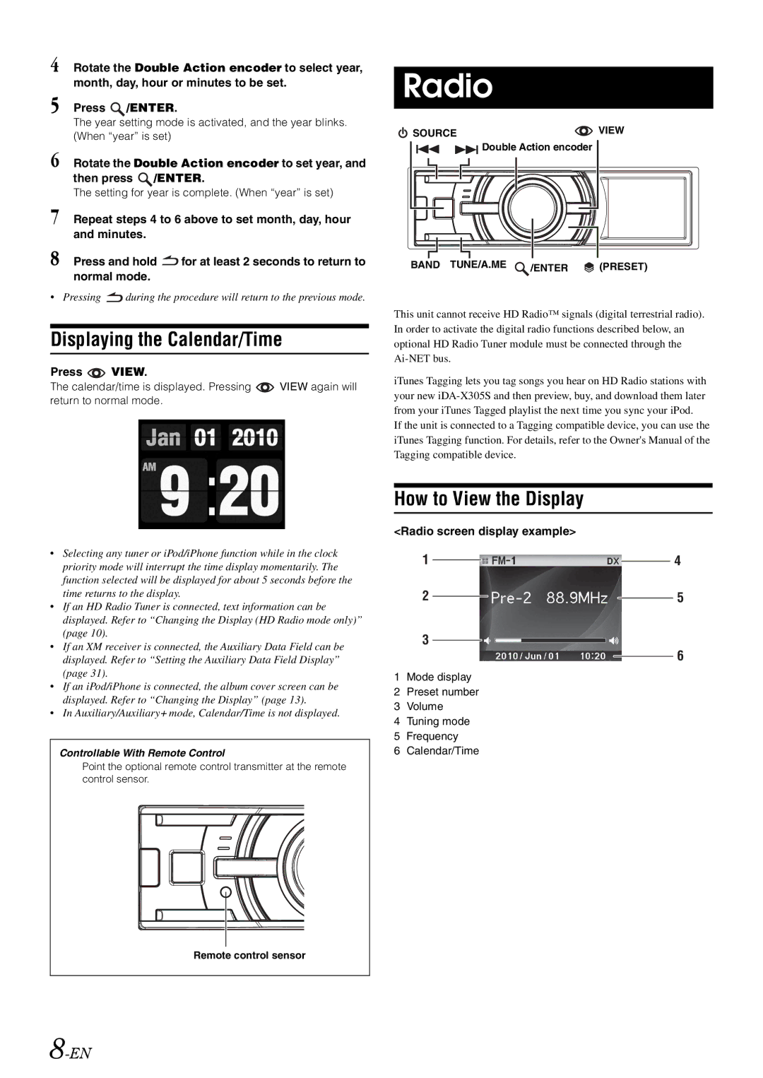 Alpine iDA-X305S Displaying the Calendar/Time, How to View the Display, Press View, Radio screen display example 