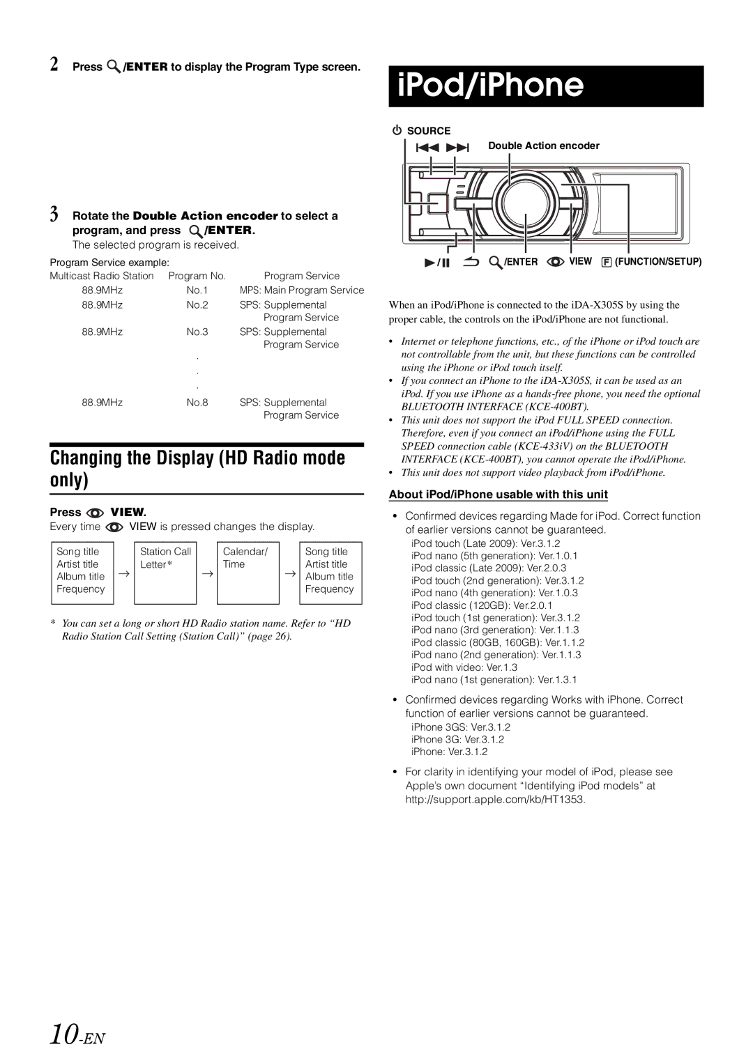 Alpine iDA-X305S IPod/iPhone, Changing the Display HD Radio mode only, 10-EN, About iPod/iPhone usable with this unit 