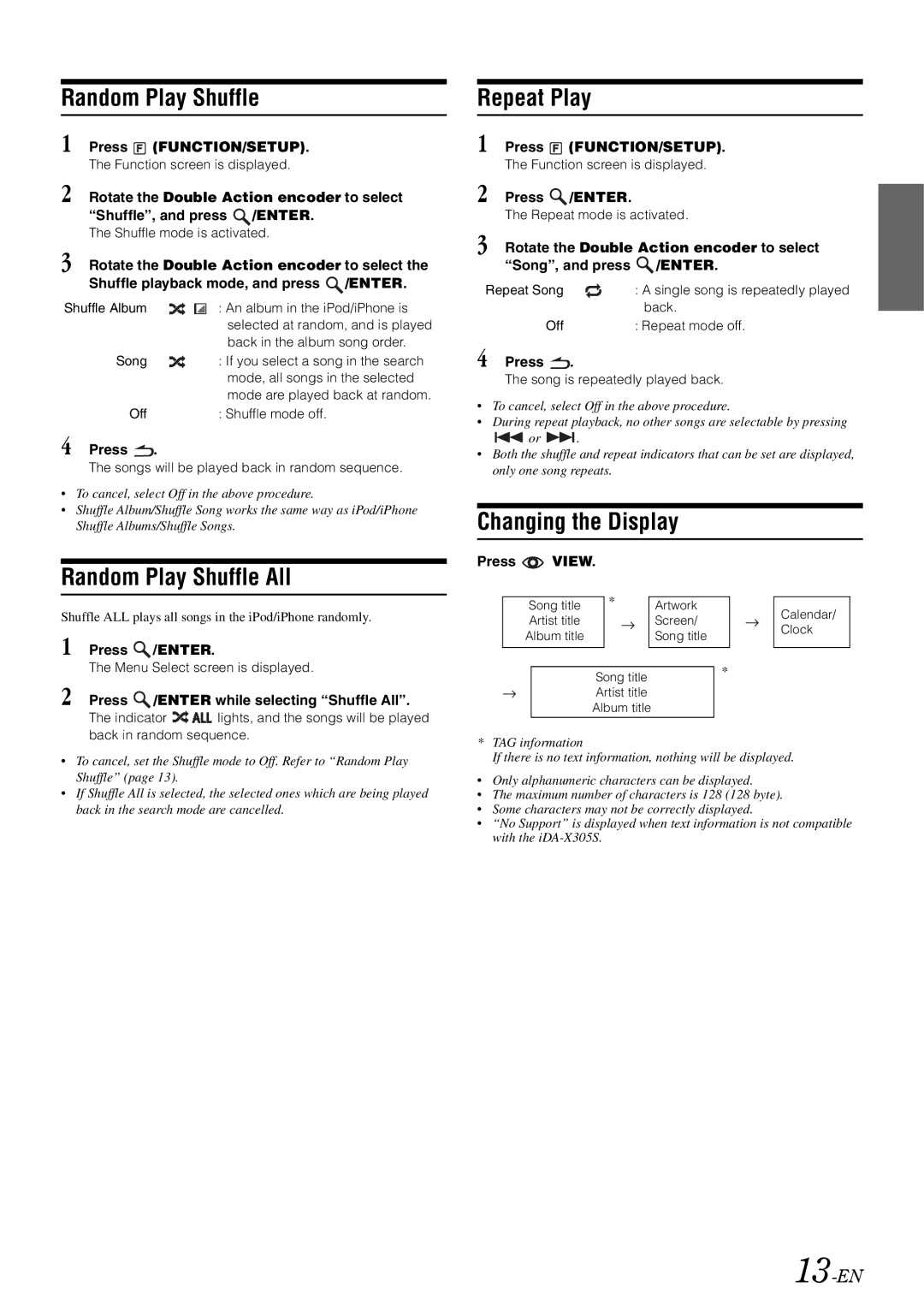 Alpine 68-13530Z42-A, iDA-X305S owner manual Random Play Shuffle All, Repeat Play, Changing the Display, 13-EN 