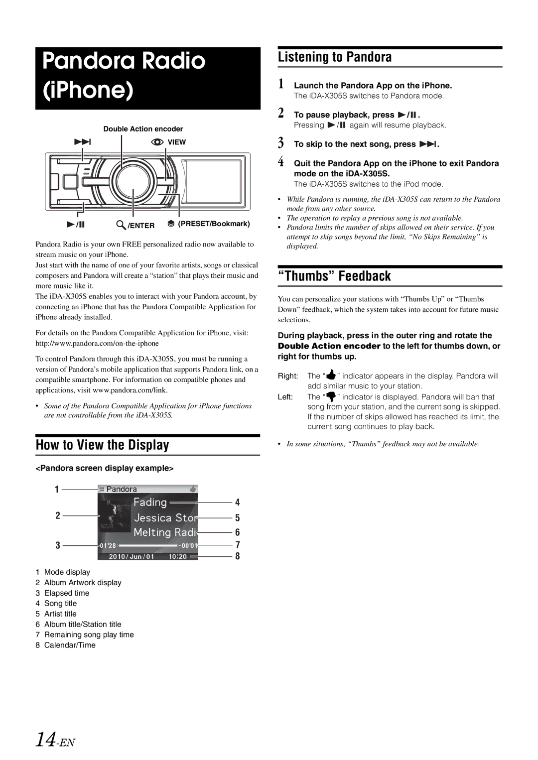 Alpine iDA-X305S, 68-13530Z42-A owner manual Pandora Radio iPhone, Listening to Pandora, Thumbs Feedback, 14-EN 