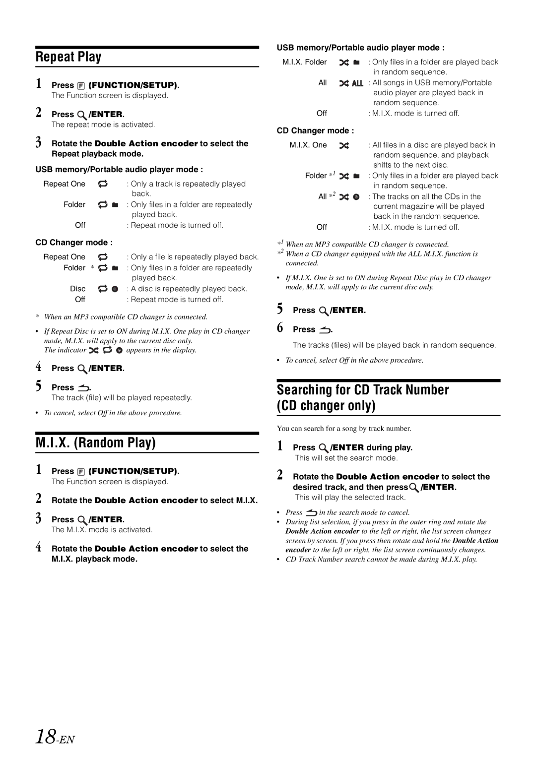 Alpine iDA-X305S X. Random Play, Searching for CD Track Number CD changer only, 18-EN, Press /ENTER during play 