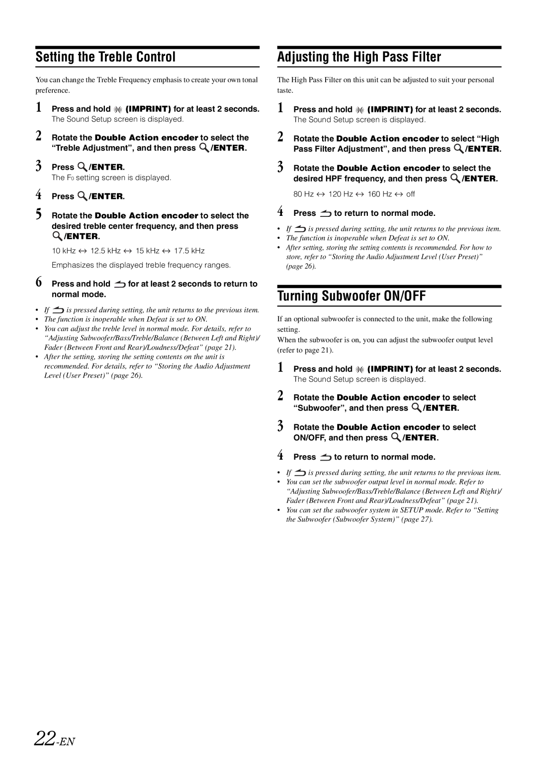 Alpine iDA-X305S owner manual Setting the Treble Control, Adjusting the High Pass Filter, Turning Subwoofer ON/OFF, 22-EN 