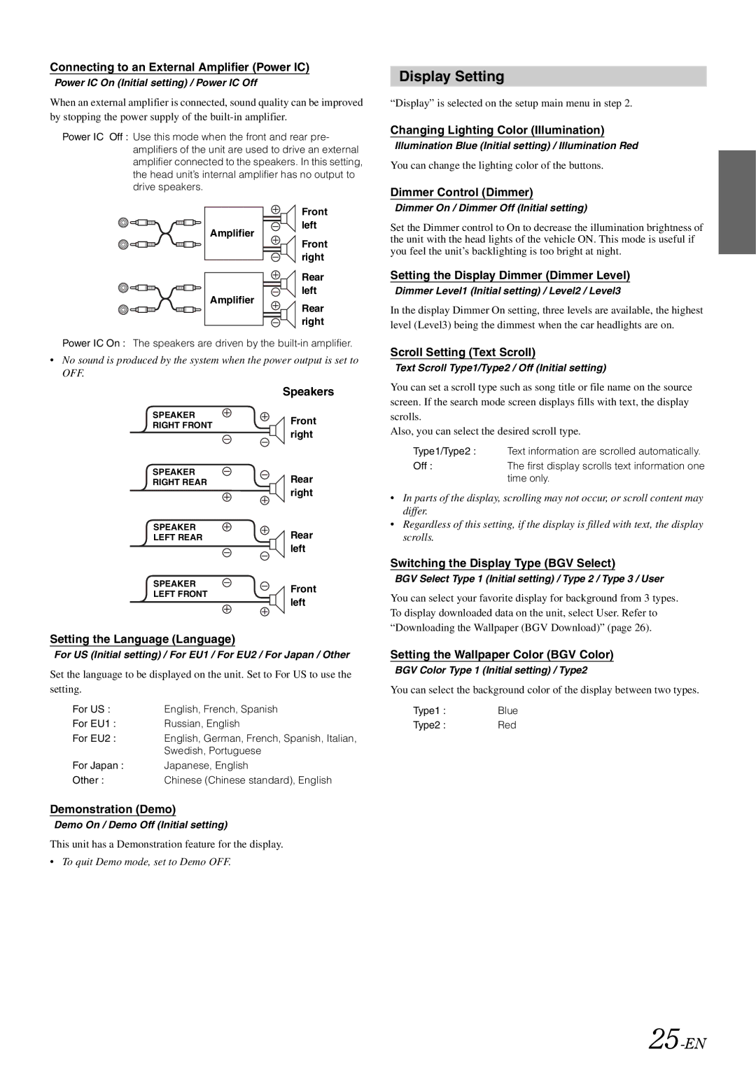 Alpine 68-13530Z42-A, iDA-X305S owner manual Display Setting, 25-EN 