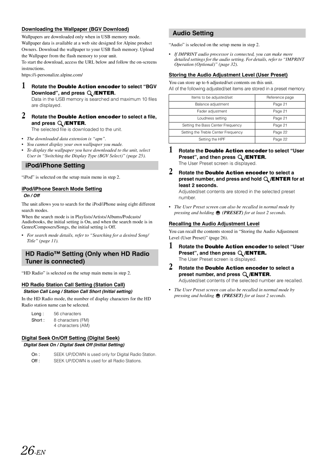 Alpine iDA-X305S IPod/iPhone Setting, HD Radio Setting Only when HD Radio Tuner is connected, Audio Setting, 26-EN 