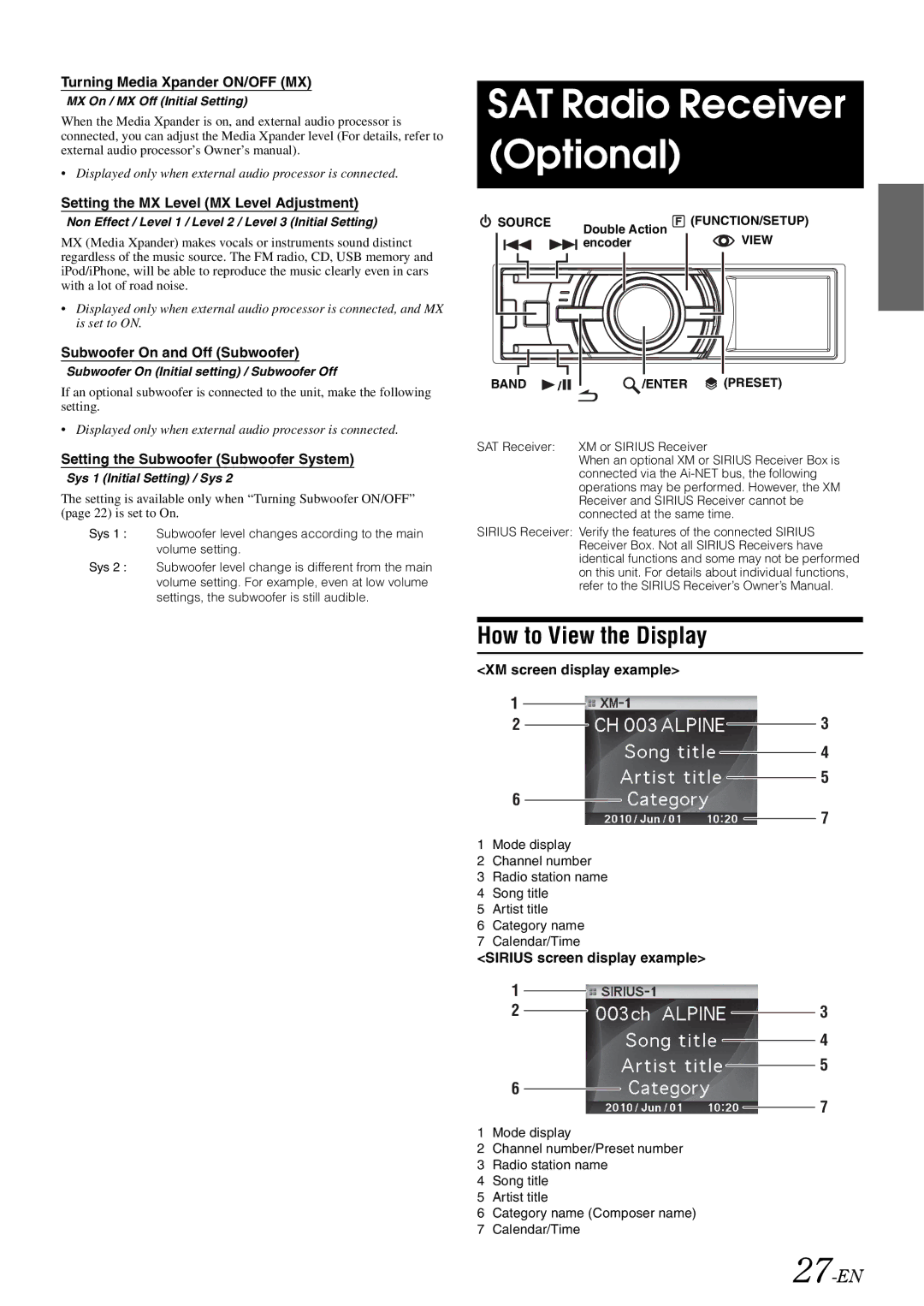 Alpine 68-13530Z42-A, iDA-X305S owner manual SAT Radio Receiver Optional, 27-EN 