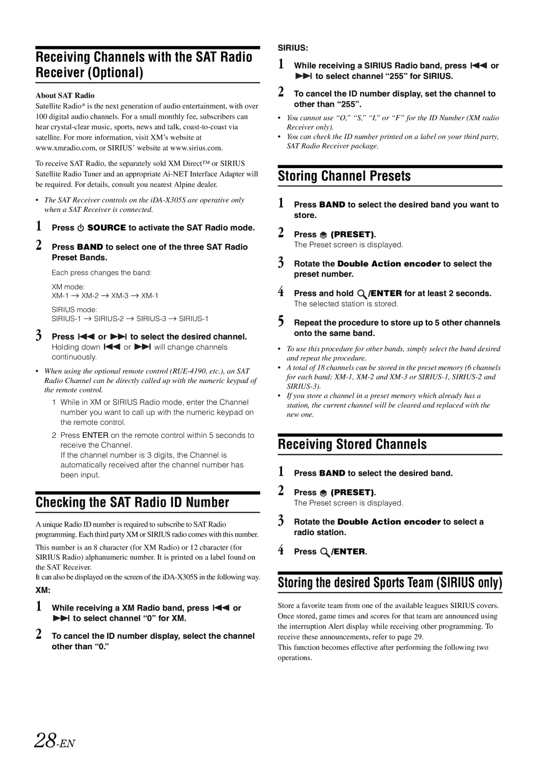 Alpine iDA-X305S Receiving Channels with the SAT Radio Receiver Optional, Checking the SAT Radio ID Number, 28-EN 