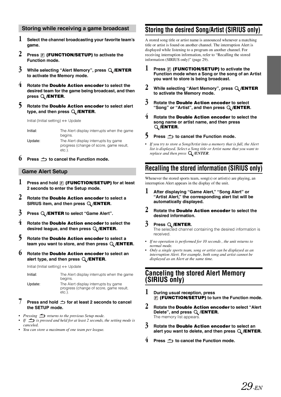 Alpine 68-13530Z42-A Canceling the stored Alert Memory Sirius only, Storing while receiving a game broadcast, 29-EN 