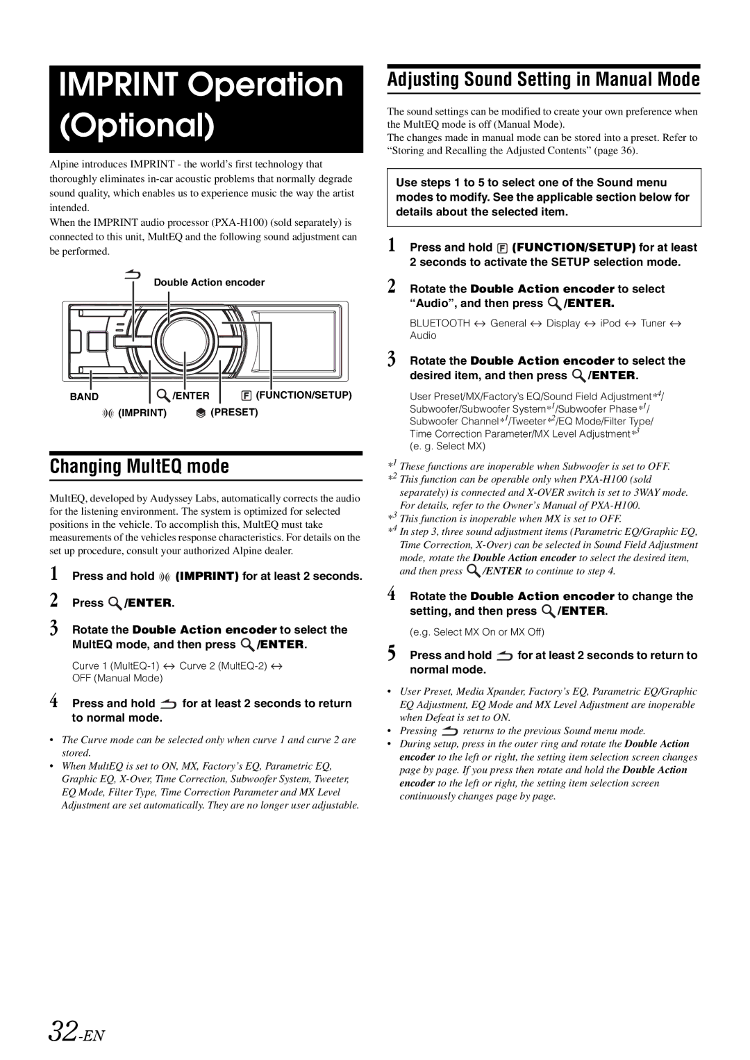 Alpine iDA-X305S Imprint Operation Optional, Changing MultEQ mode, Adjusting Sound Setting in Manual Mode, 32-EN 