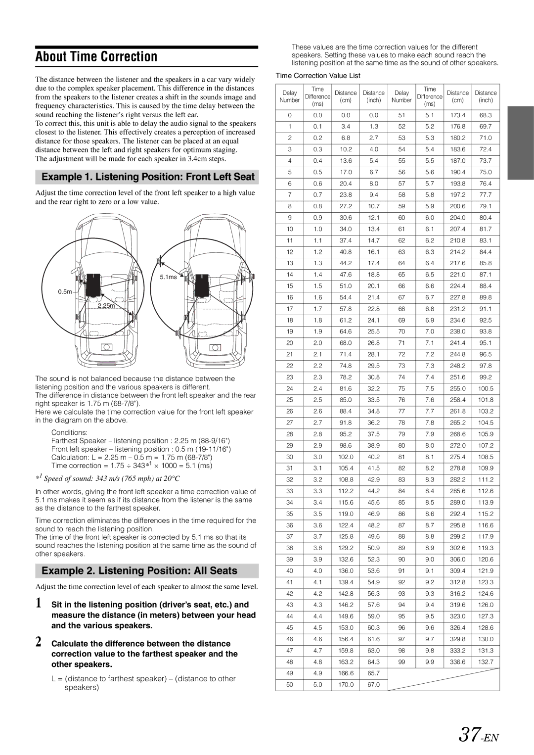 Alpine 68-13530Z42-A, iDA-X305S owner manual About Time Correction, Example 1. Listening Position Front Left Seat, 37-EN 