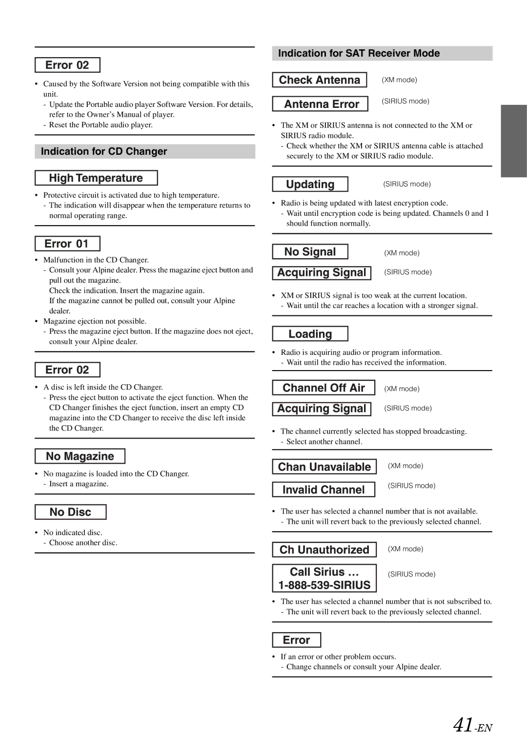 Alpine 68-13530Z42-A, iDA-X305S owner manual Indication for CD Changer, Indication for SAT Receiver Mode, 41-EN 