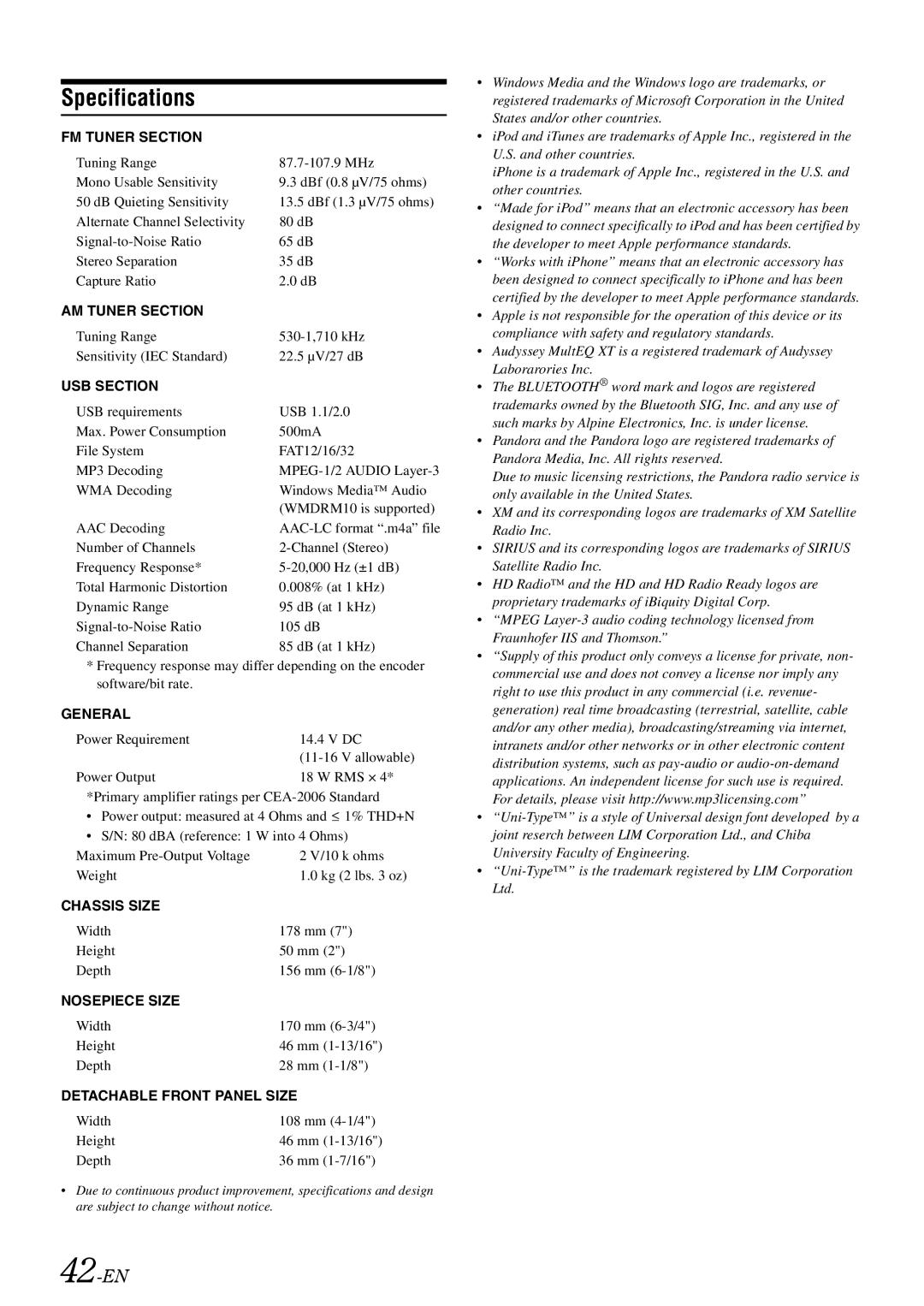 Alpine iDA-X305S, 68-13530Z42-A owner manual Specifications, 42-EN 