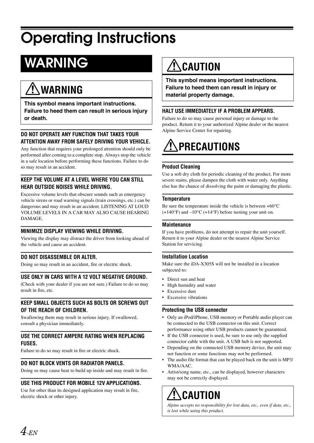 Alpine iDA-X305S, 68-13530Z42-A owner manual Operating Instructions 