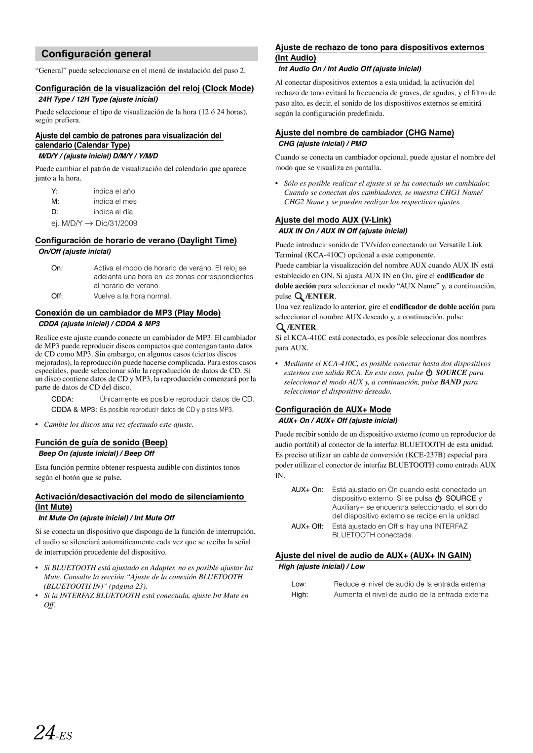 Alpine iDA-X305S owner manual Configuración general, 24-ES 