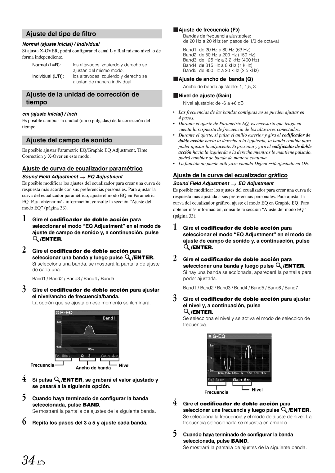 Alpine iDA-X305S Ajuste del tipo de filtro, Ajuste de la unidad de corrección de tiempo, Ajuste del campo de sonido, 34-ES 