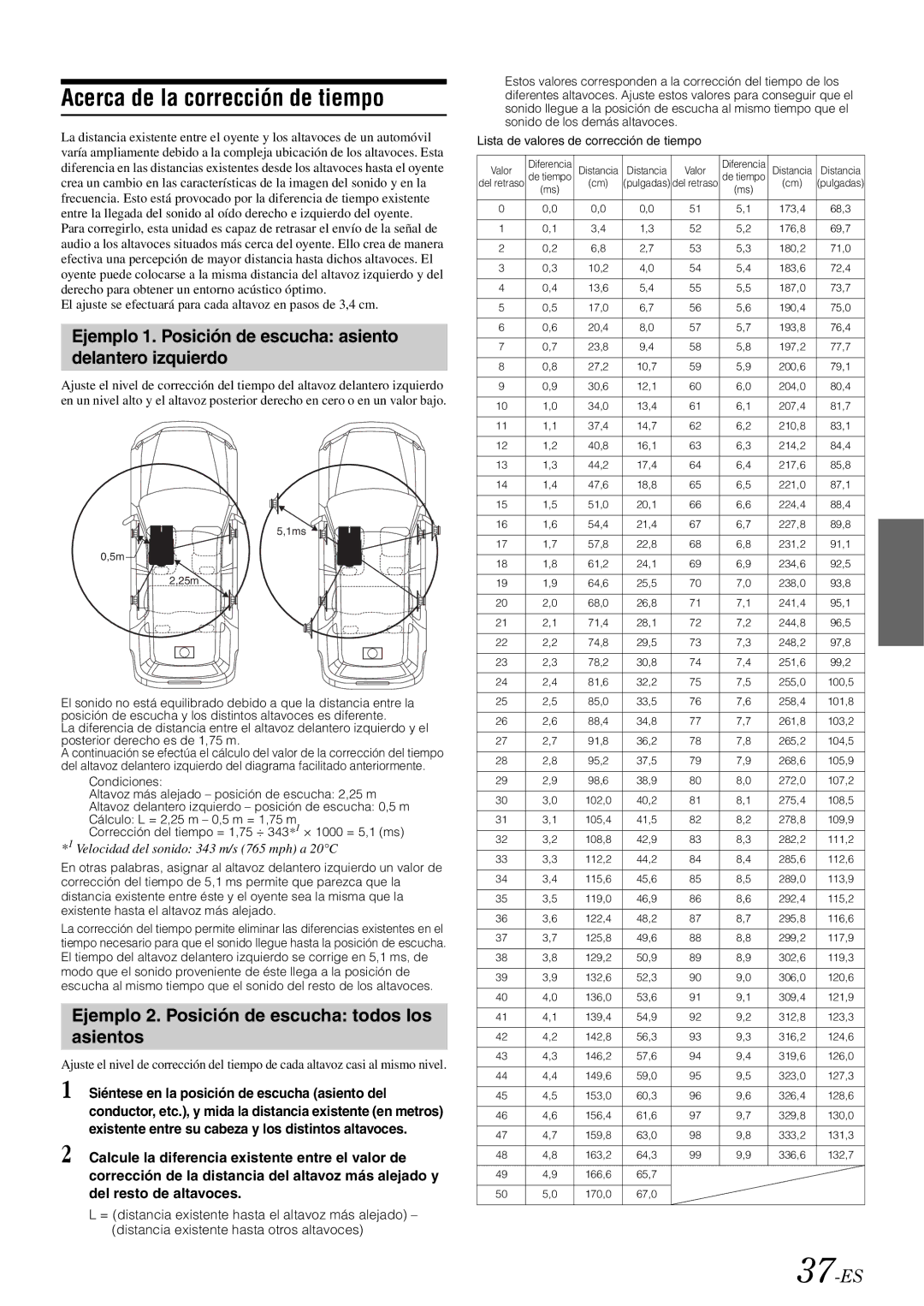 Alpine iDA-X305S Acerca de la corrección de tiempo, Ejemplo 1. Posición de escucha asiento delantero izquierdo, 37-ES 