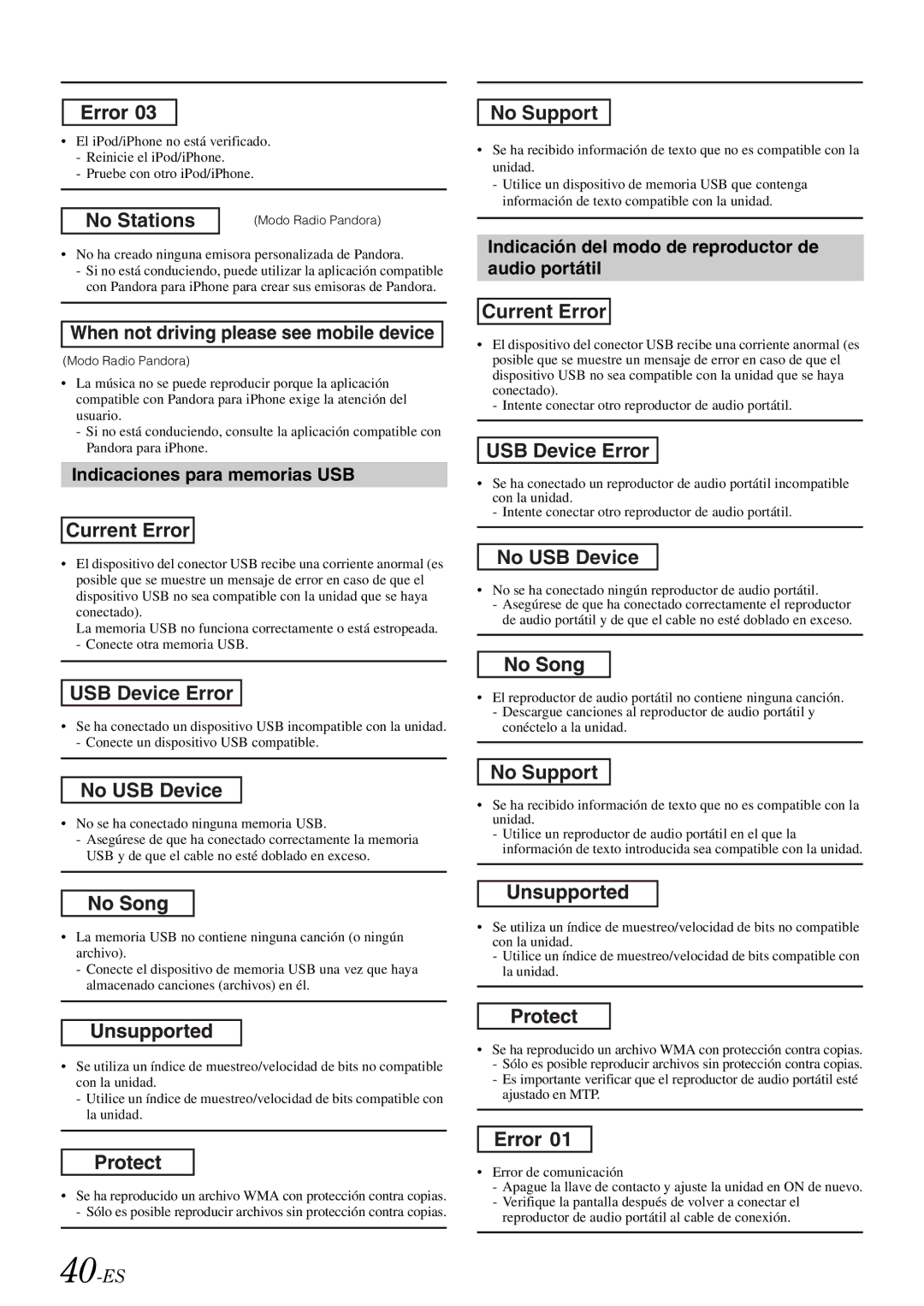 Alpine iDA-X305S owner manual Indicaciones para memorias USB, 40-ES, Indicación del modo de reproductor de audio portátil 