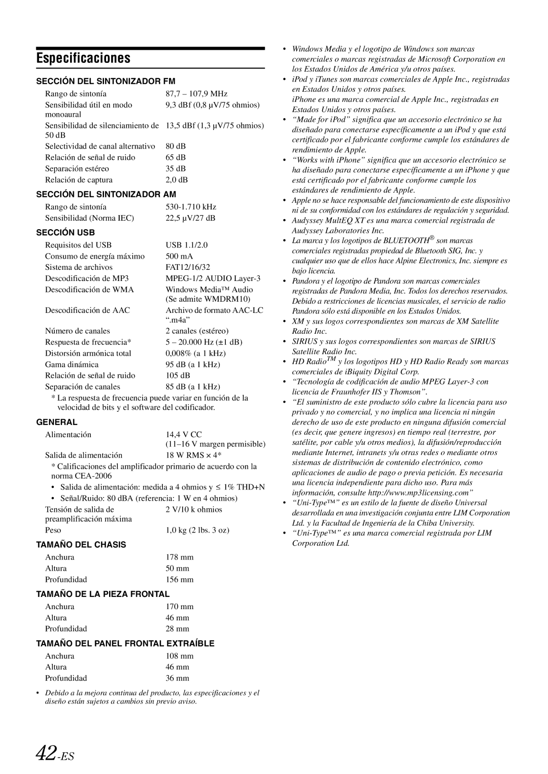 Alpine iDA-X305S owner manual Especificaciones, 42-ES 