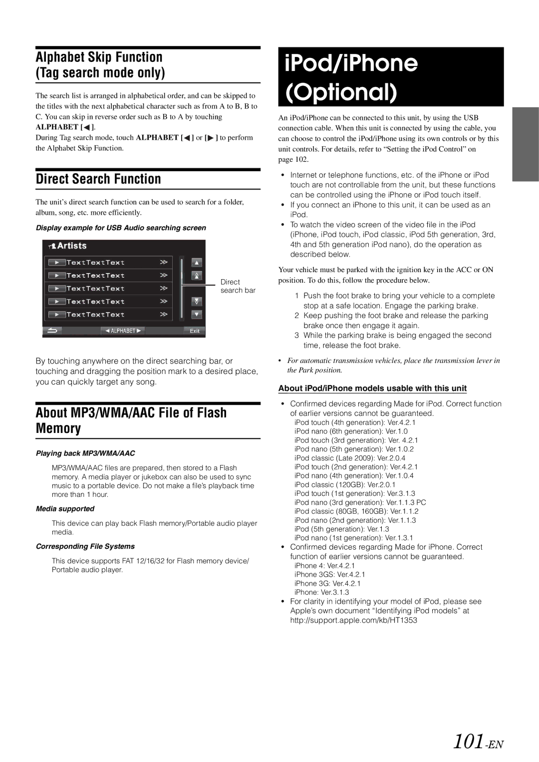 Alpine INA-W910 owner manual IPod/iPhone Optional, 101-EN, Direct Search Function, About MP3/WMA/AAC File of Flash Memory 