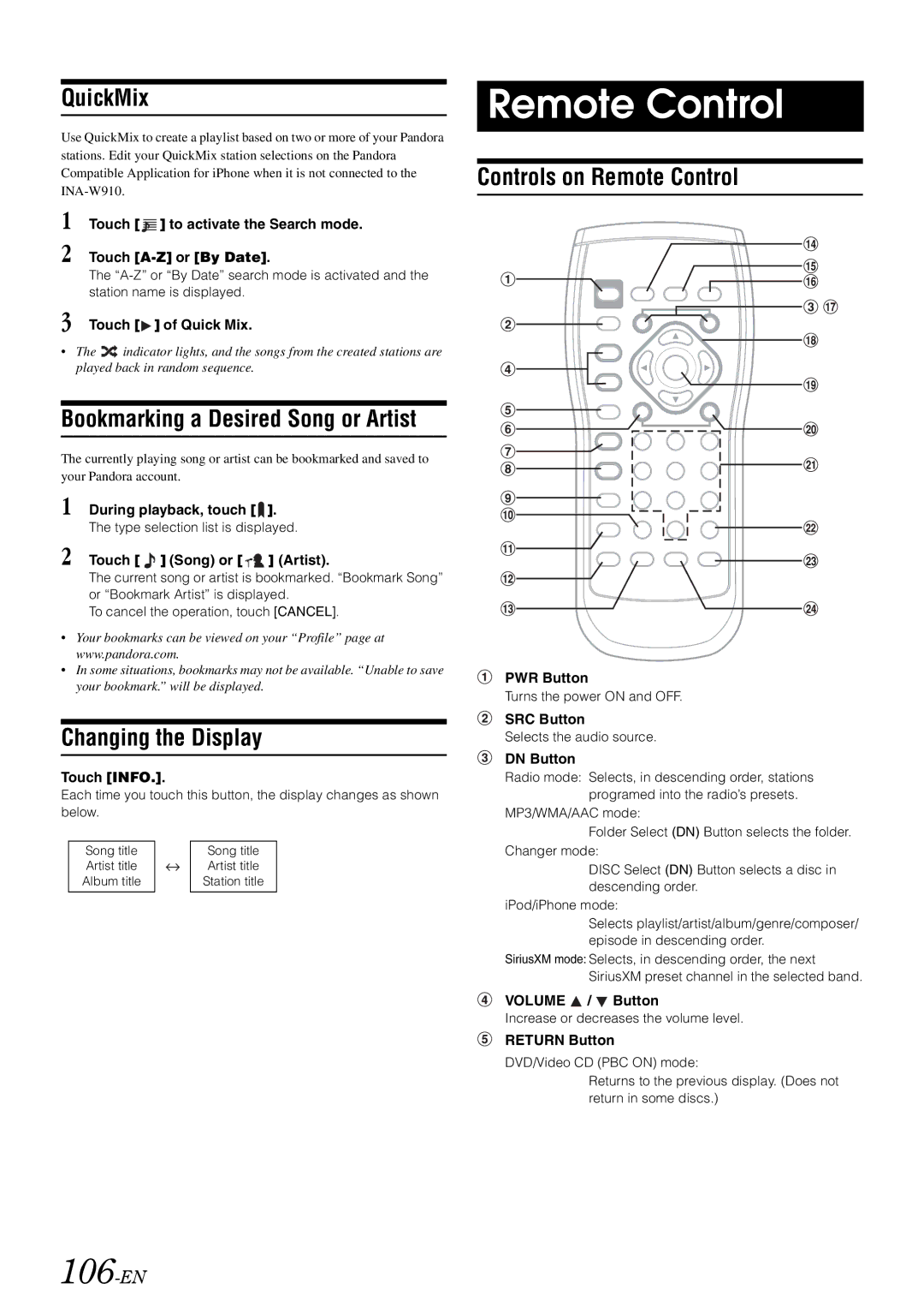 Alpine INA-W910 owner manual 106-EN, QuickMix, Bookmarking a Desired Song or Artist, Controls on Remote Control 