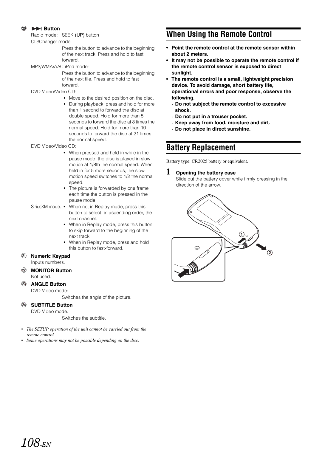 Alpine INA-W910 owner manual 108-EN, When Using the Remote Control, Battery Replacement 