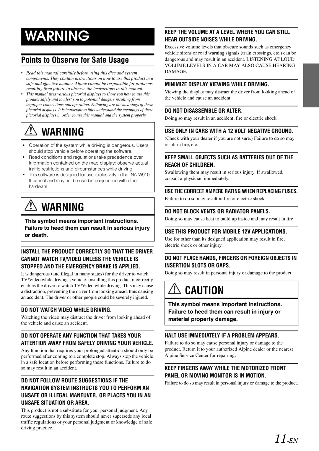 Alpine INA-W910 owner manual Points to Observe for Safe Usage, 11-EN 