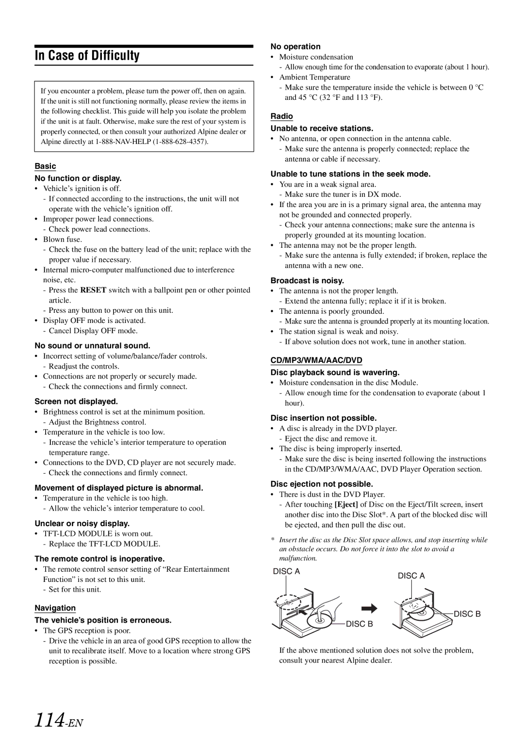 Alpine INA-W910 owner manual 114-EN, Case of Difficulty 