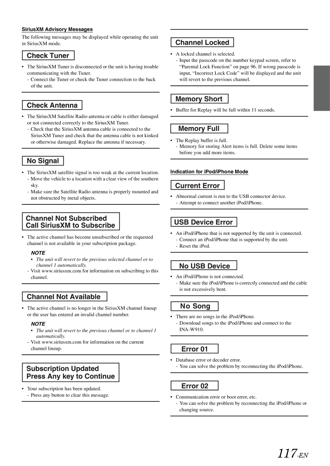 Alpine INA-W910 owner manual 117-EN, SiriusXM Advisory Messages, Indication for iPod/iPhone Mode 