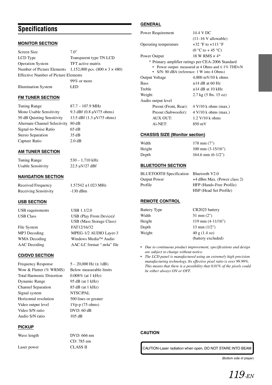 Alpine INA-W910 owner manual 119-EN, Chassis Size Monitor section 