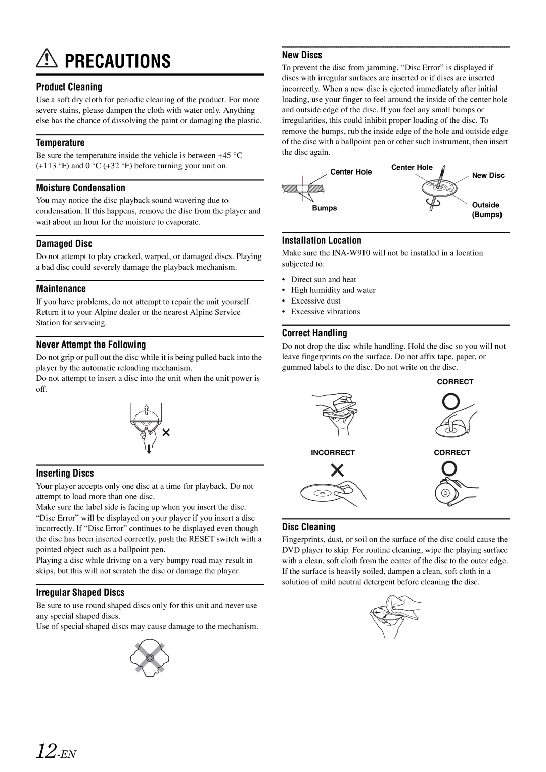 Alpine INA-W910 owner manual Precautions, 12-EN 