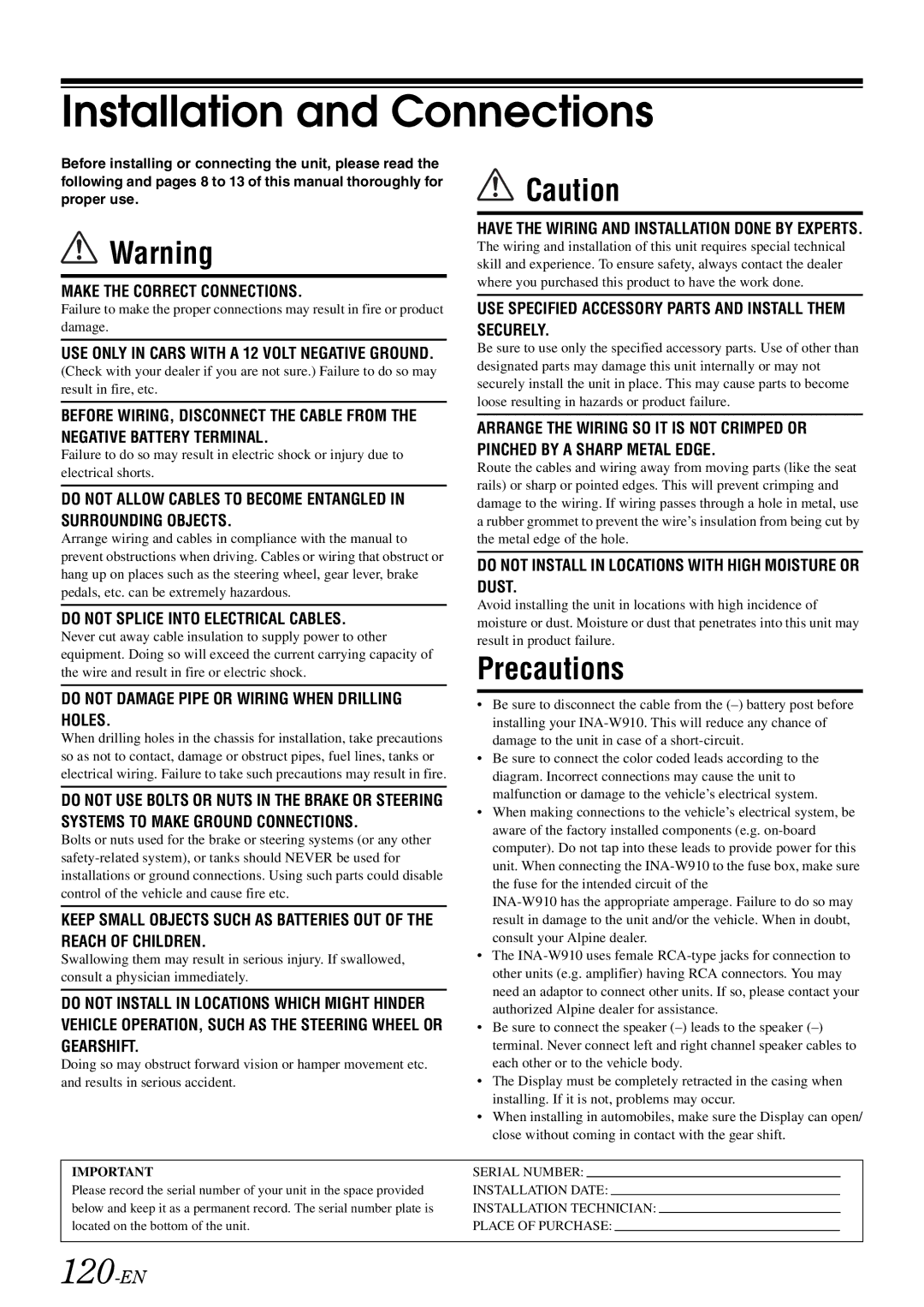 Alpine INA-W910 owner manual Installation and Connections, 120-EN 