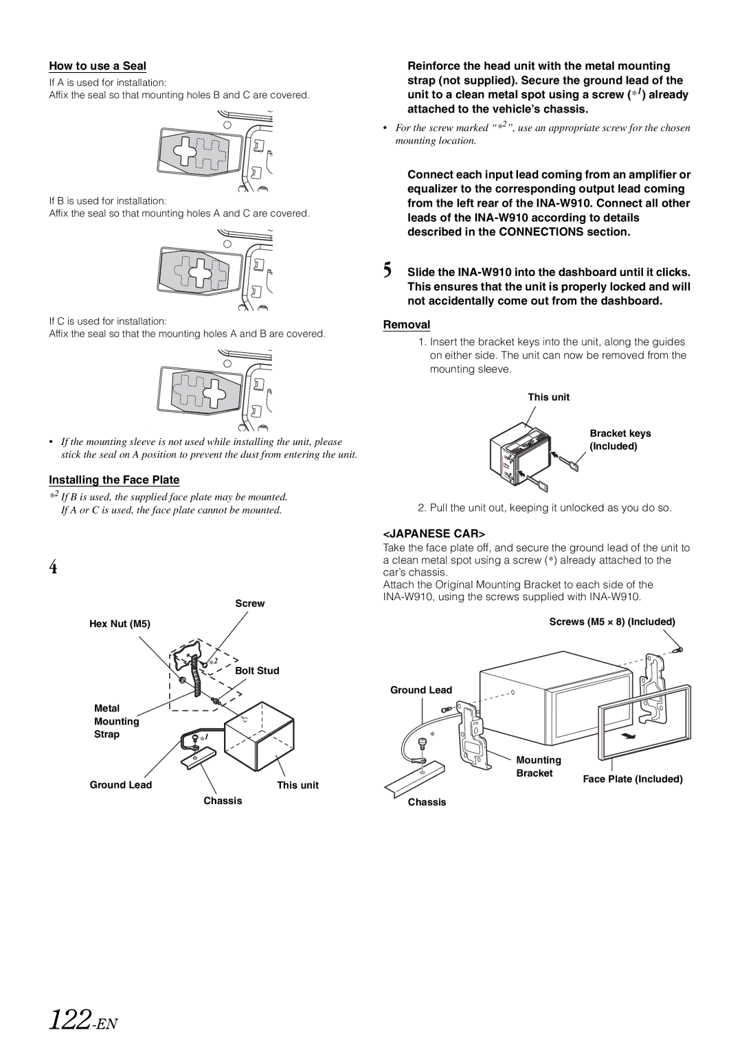 Alpine INA-W910 owner manual 122-EN, How to use a Seal, Installing the Face Plate, Removal 