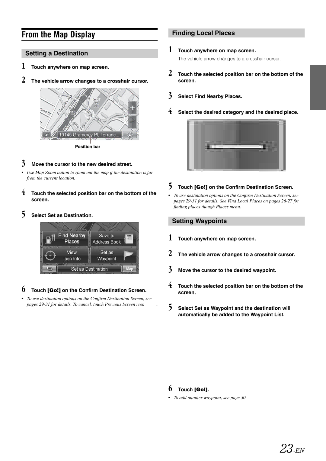 Alpine INA-W910 owner manual From the Map Display, Setting a Destination, Finding Local Places, Setting Waypoints, 23-EN 