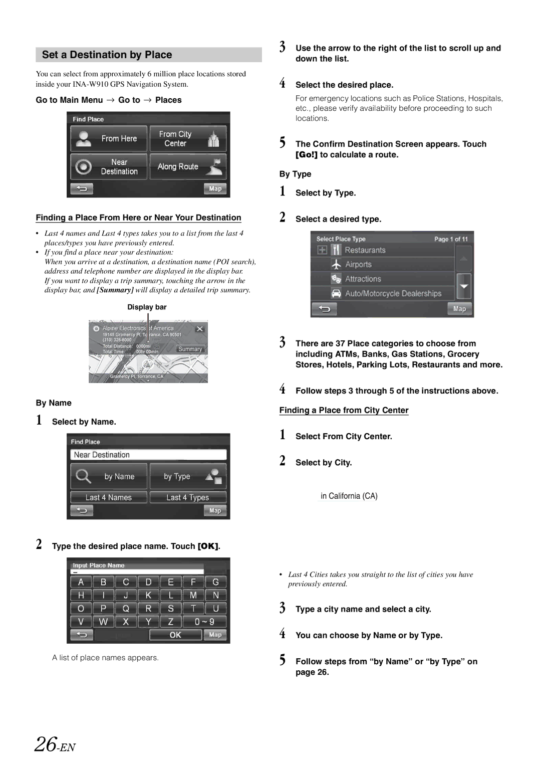 Alpine INA-W910 owner manual Set a Destination by Place, 26-EN, List of place names appears 