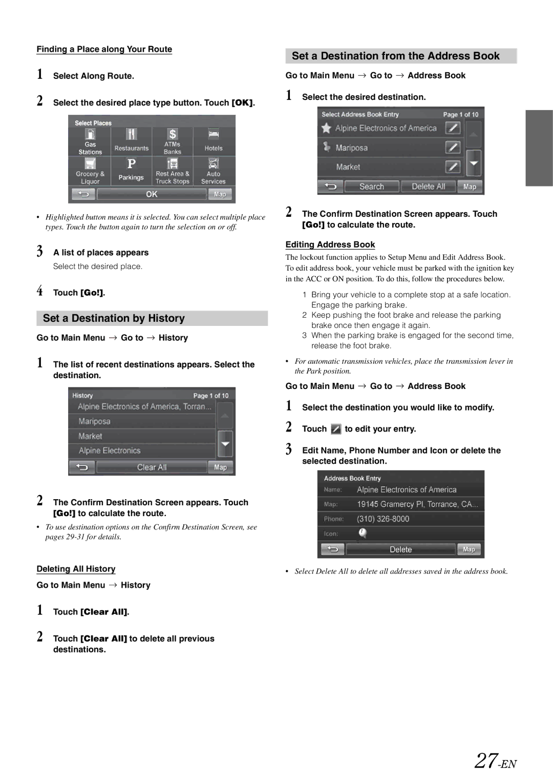 Alpine INA-W910 Set a Destination by History, Set a Destination from the Address Book, 27-EN, List of places appears 