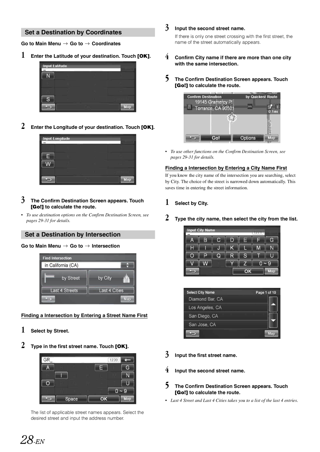 Alpine INA-W910 Set a Destination by Coordinates, Set a Destination by Intersection, 28-EN, Input the second street name 