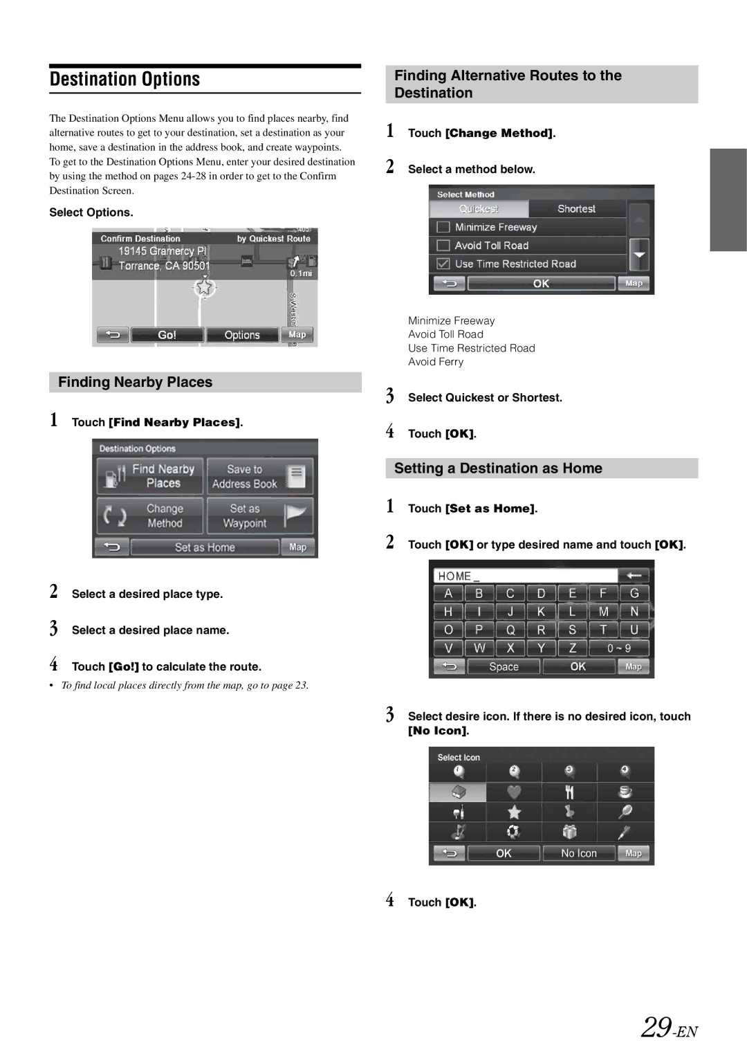 Alpine INA-W910 owner manual Destination Options, Finding Nearby Places, Finding Alternative Routes to Destination, 29-EN 