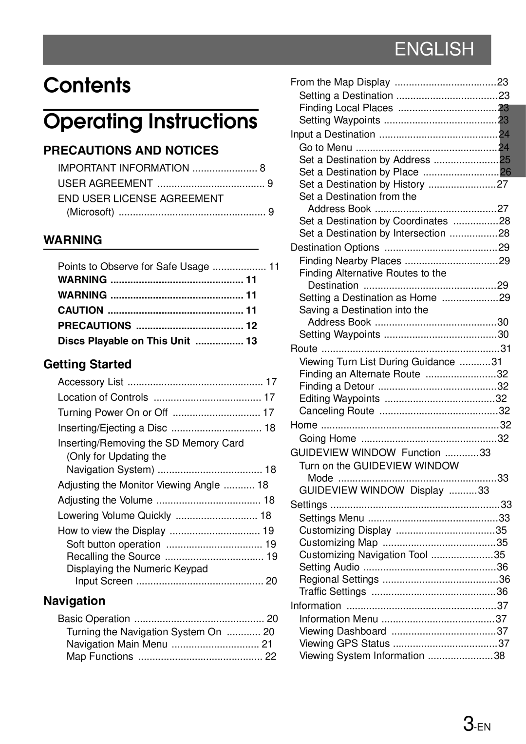 Alpine INA-W910 owner manual Contents Operating Instructions 