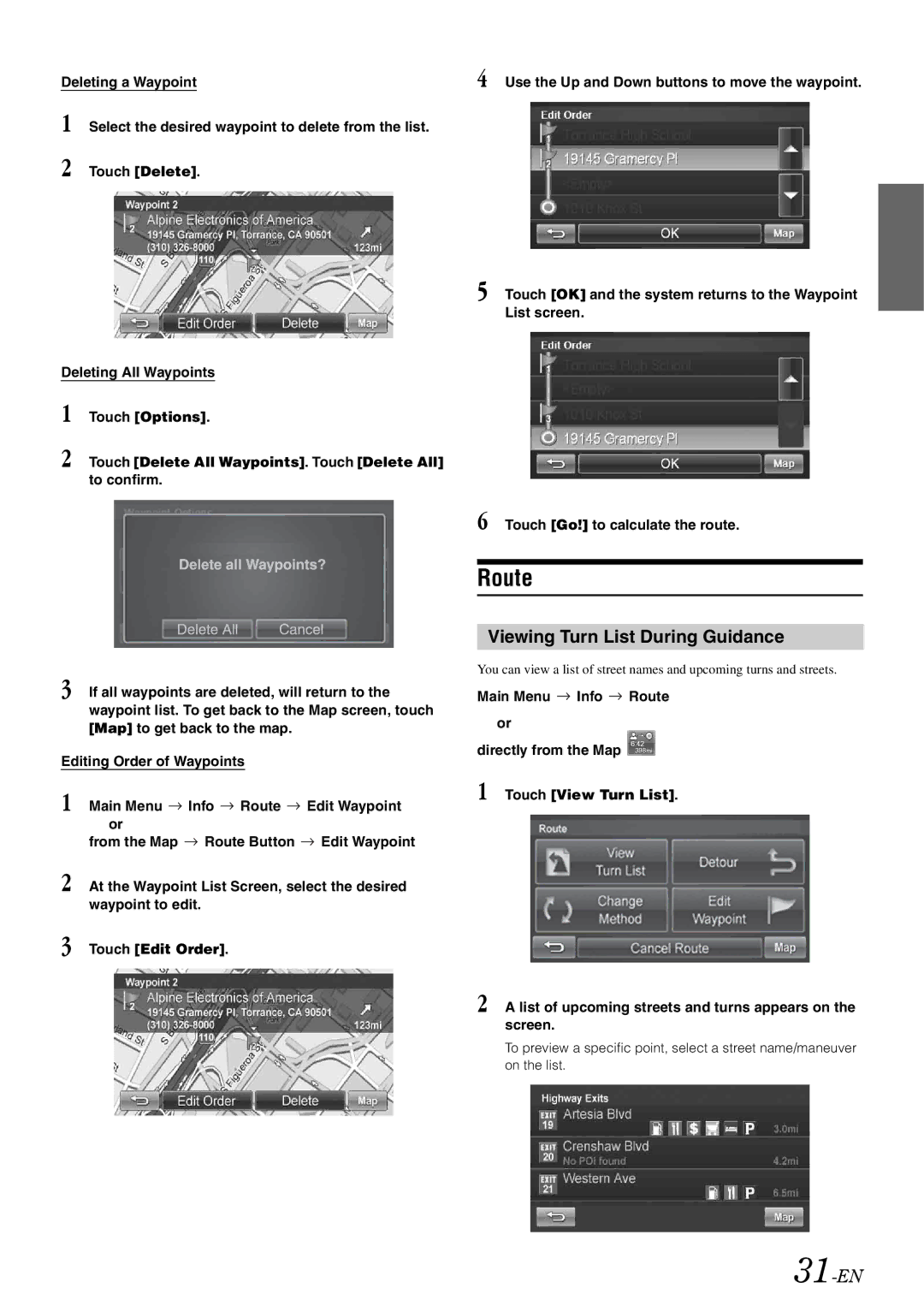 Alpine INA-W910 owner manual Route, Viewing Turn List During Guidance, 31-EN, Deleting a Waypoint 