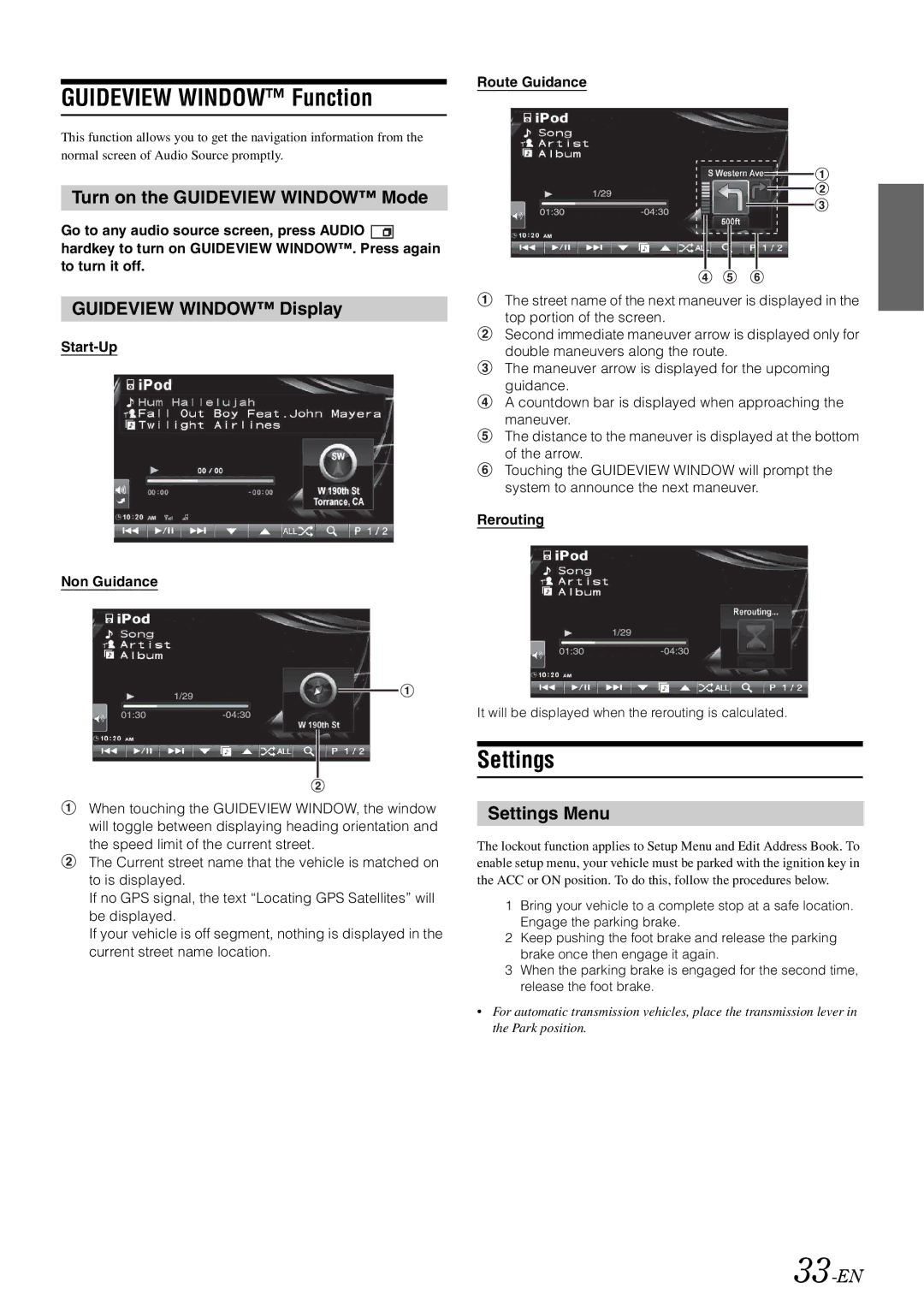 Alpine INA-W910 Guideview Window Function, Settings, Turn on the Guideview Window Mode, Guideview Window Display 