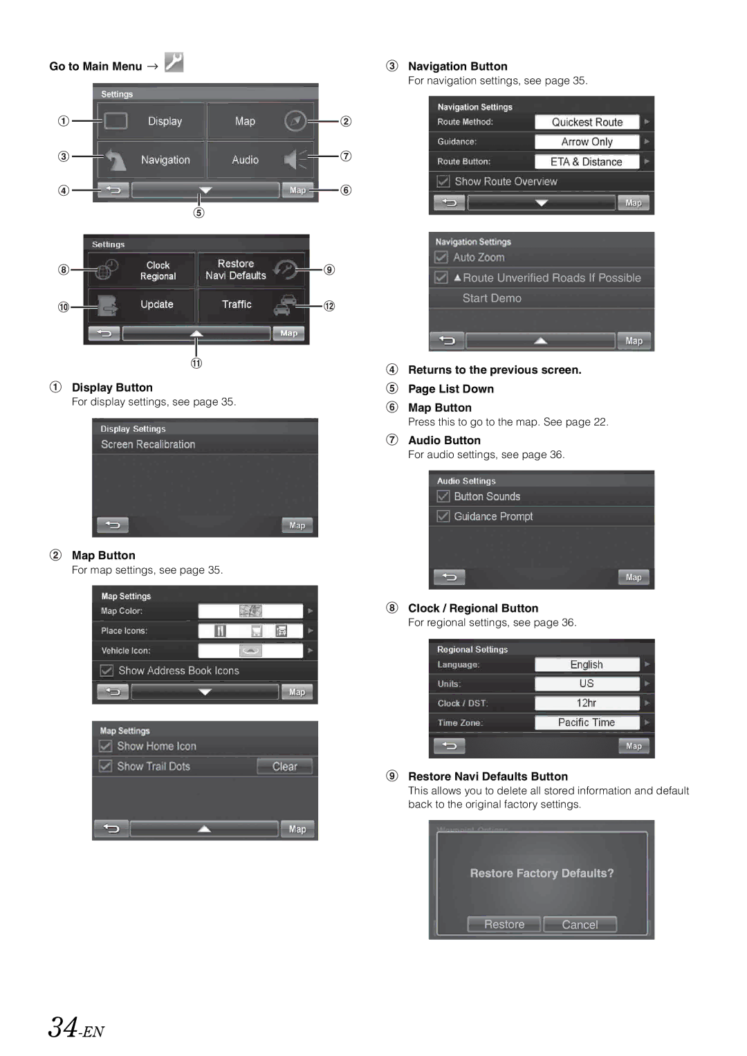 Alpine INA-W910 owner manual 34-EN, Go to Main Menu Display Button, Navigation Button, Clock / Regional Button 