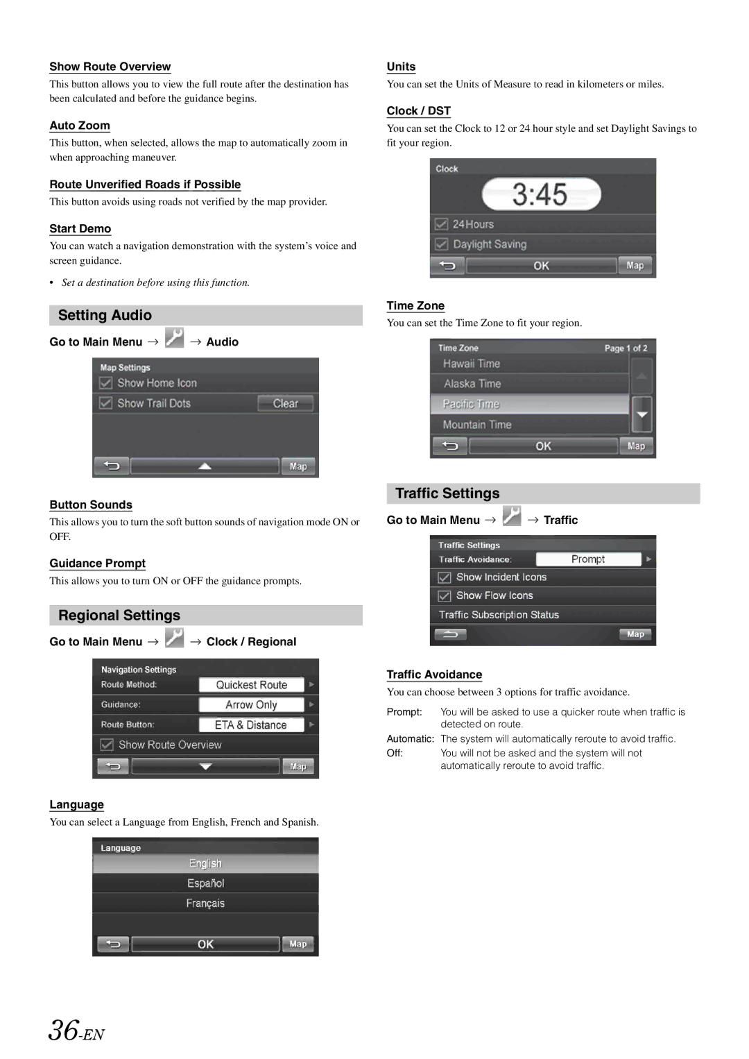 Alpine INA-W910 owner manual Setting Audio, Regional Settings, Traffic Settings, 36-EN 