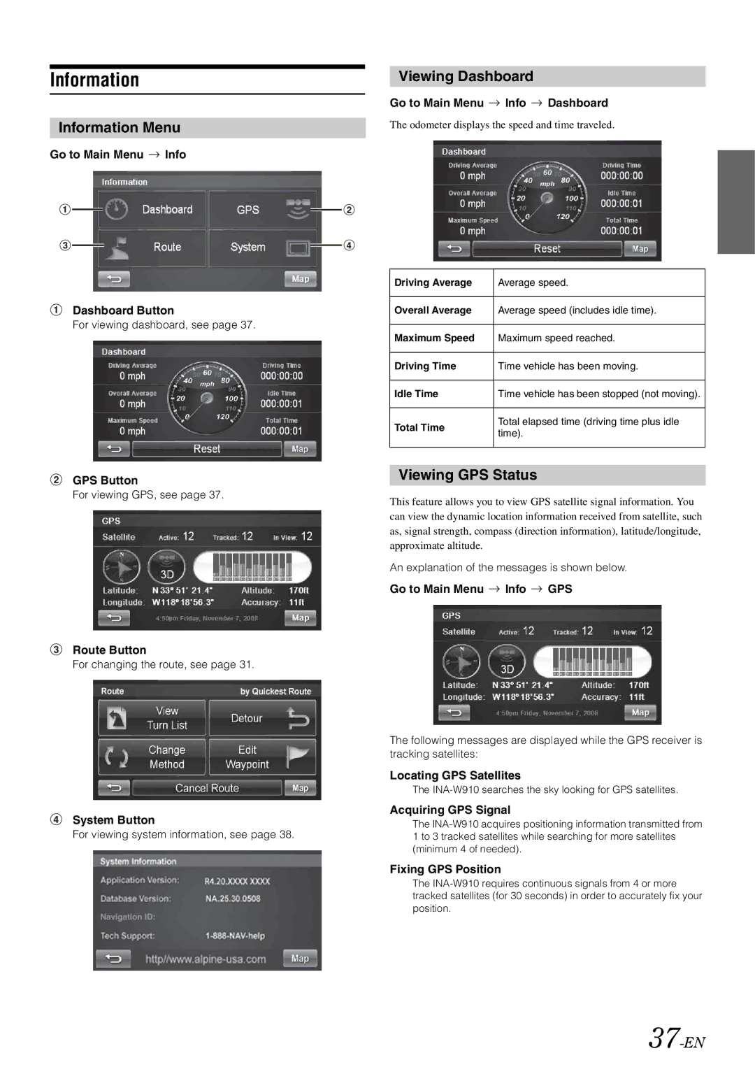 Alpine INA-W910 owner manual Information Menu, Viewing Dashboard, Viewing GPS Status, 37-EN 