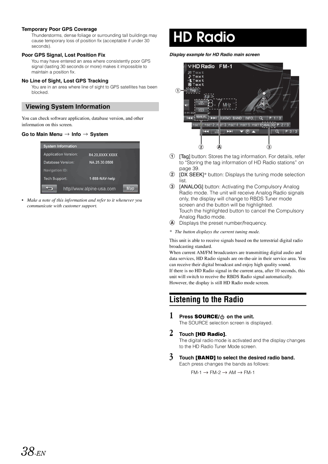 Alpine INA-W910 owner manual HD Radio, Listening to the Radio, Viewing System Information, 38-EN 