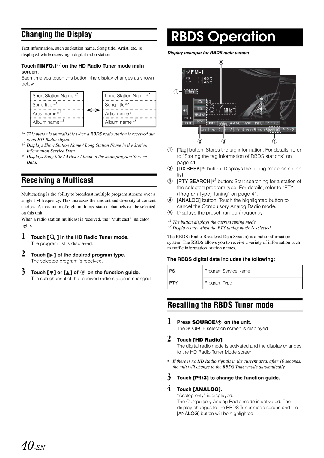 Alpine INA-W910 Rbds Operation, Changing the Display, Receiving a Multicast, Recalling the Rbds Tuner mode, 40-EN 