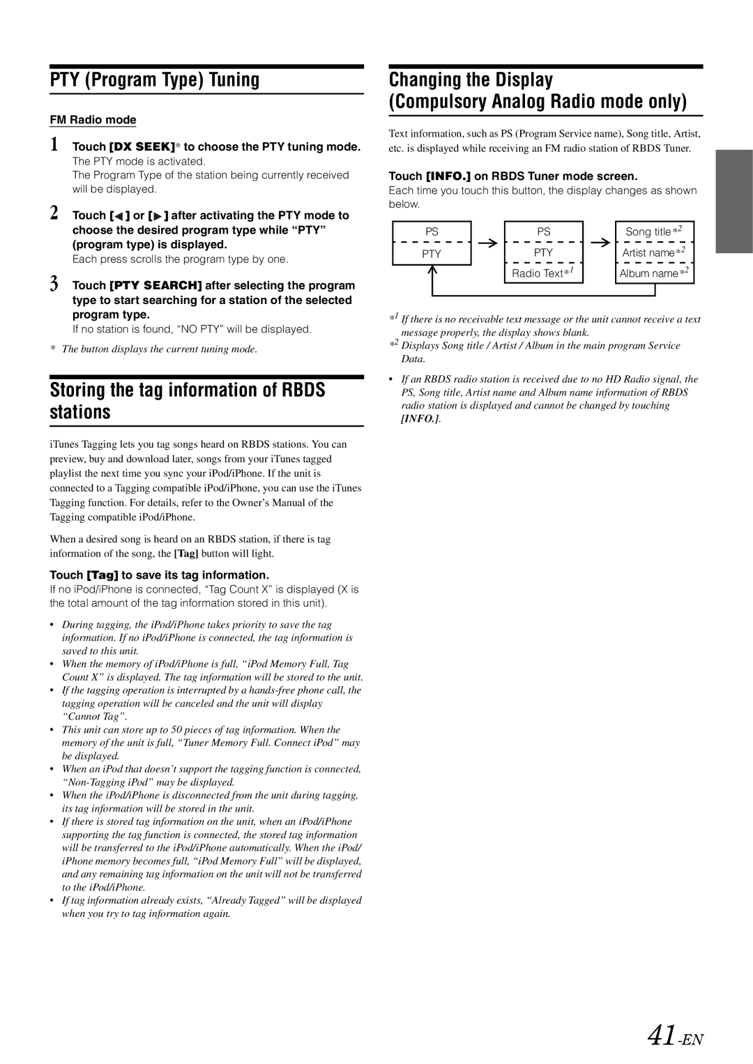 Alpine INA-W910 owner manual PTY Program Type Tuning, Storing the tag information of Rbds stations, 41-EN 