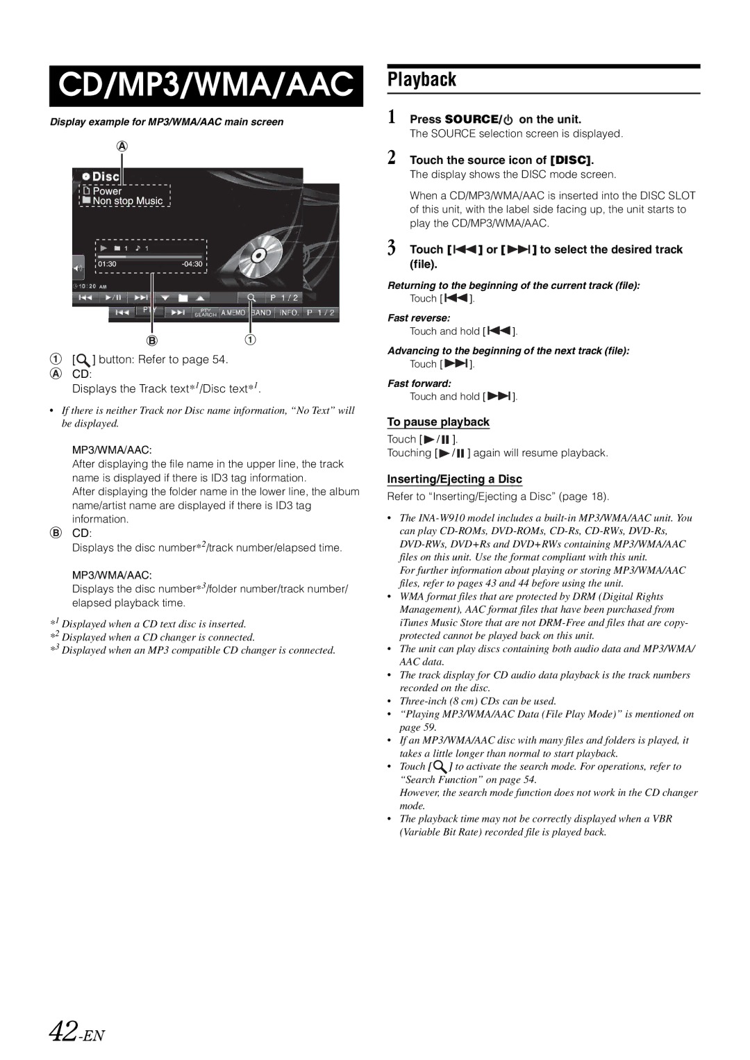 Alpine INA-W910 owner manual Playback, 42-EN 