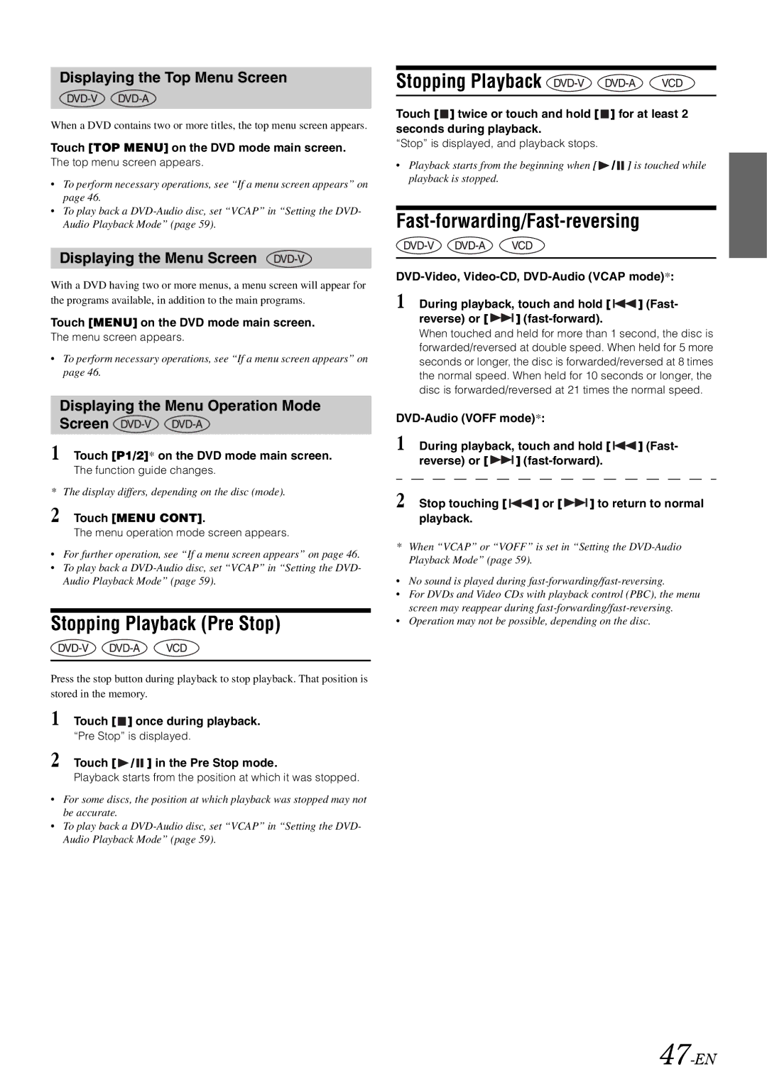 Alpine INA-W910 owner manual Stopping Playback Pre Stop, Fast-forwarding/Fast-reversing 