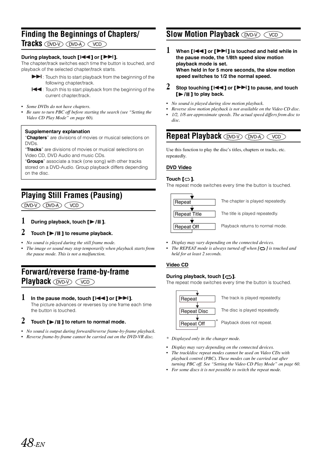 Alpine INA-W910 owner manual Playing Still Frames Pausing, Slow Motion Playback, Repeat Playback, 48-EN 